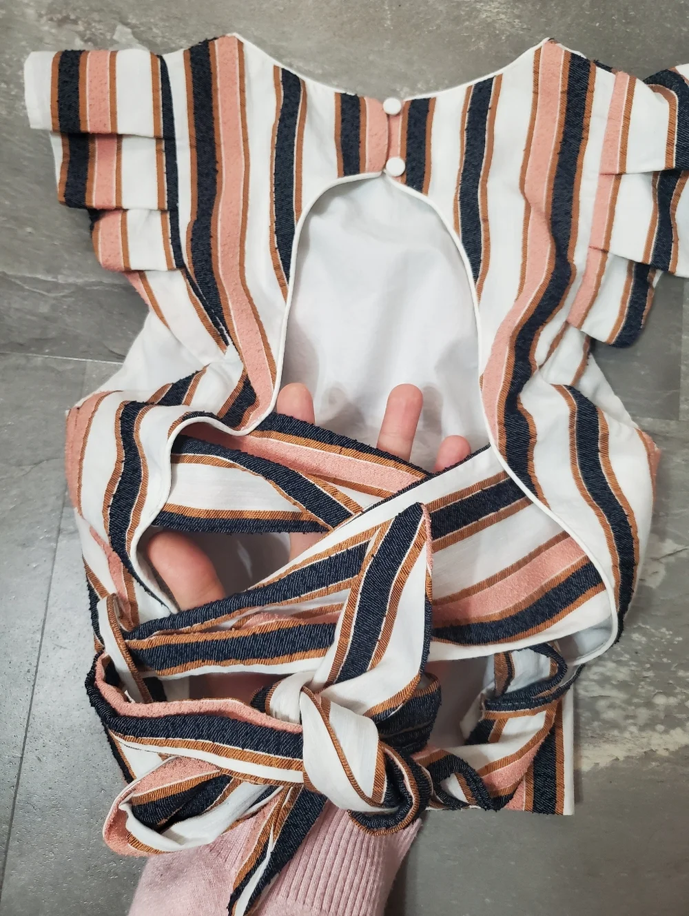 Adelyn Rae Striped Ruffle Open-Back Tie-Front Crop Top in Pink, Navy & White. S. - Picture 3 of 9